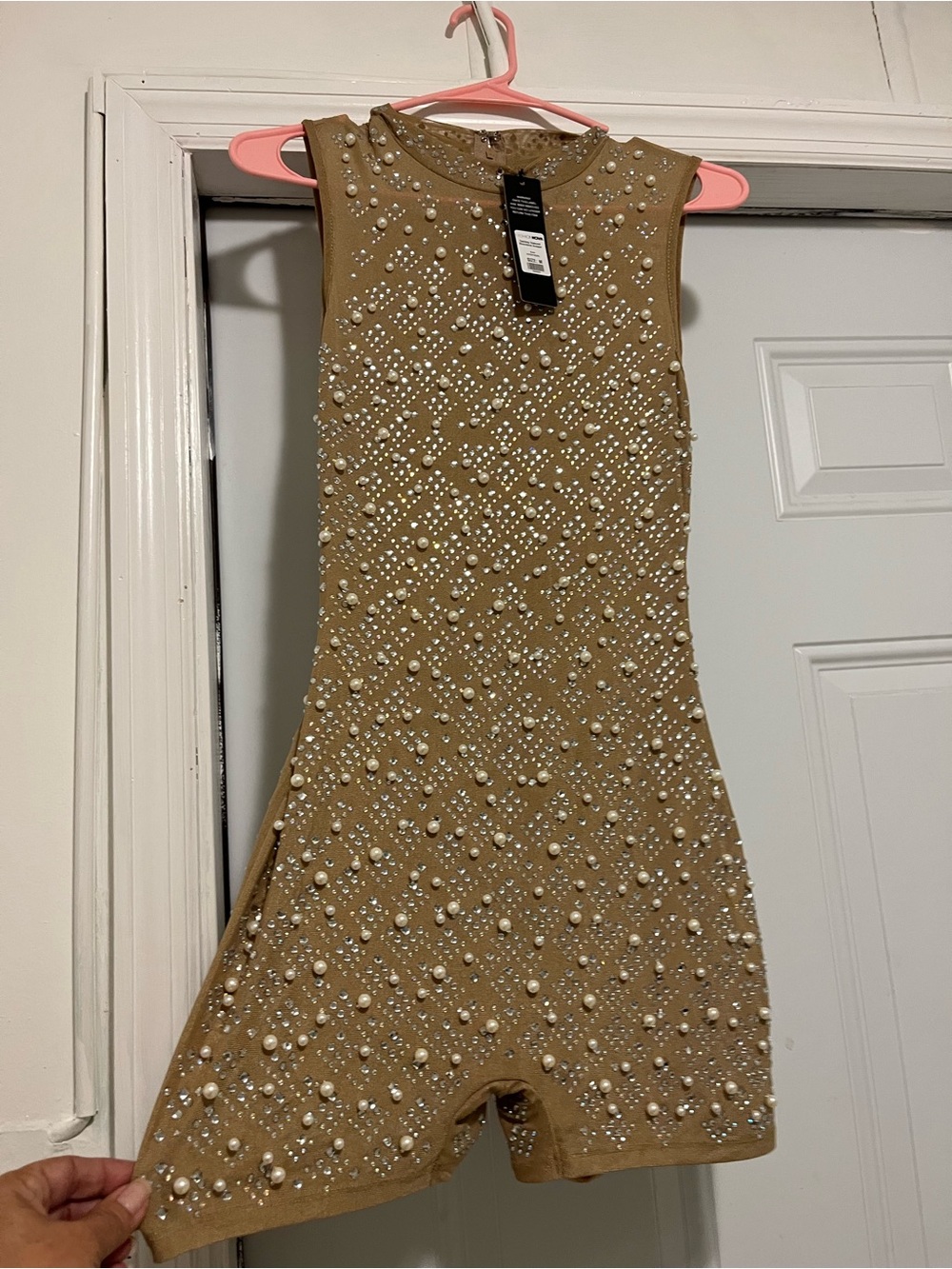 Fashion Nova Tan Pearl-Embellished Sleeveless Mini Romper